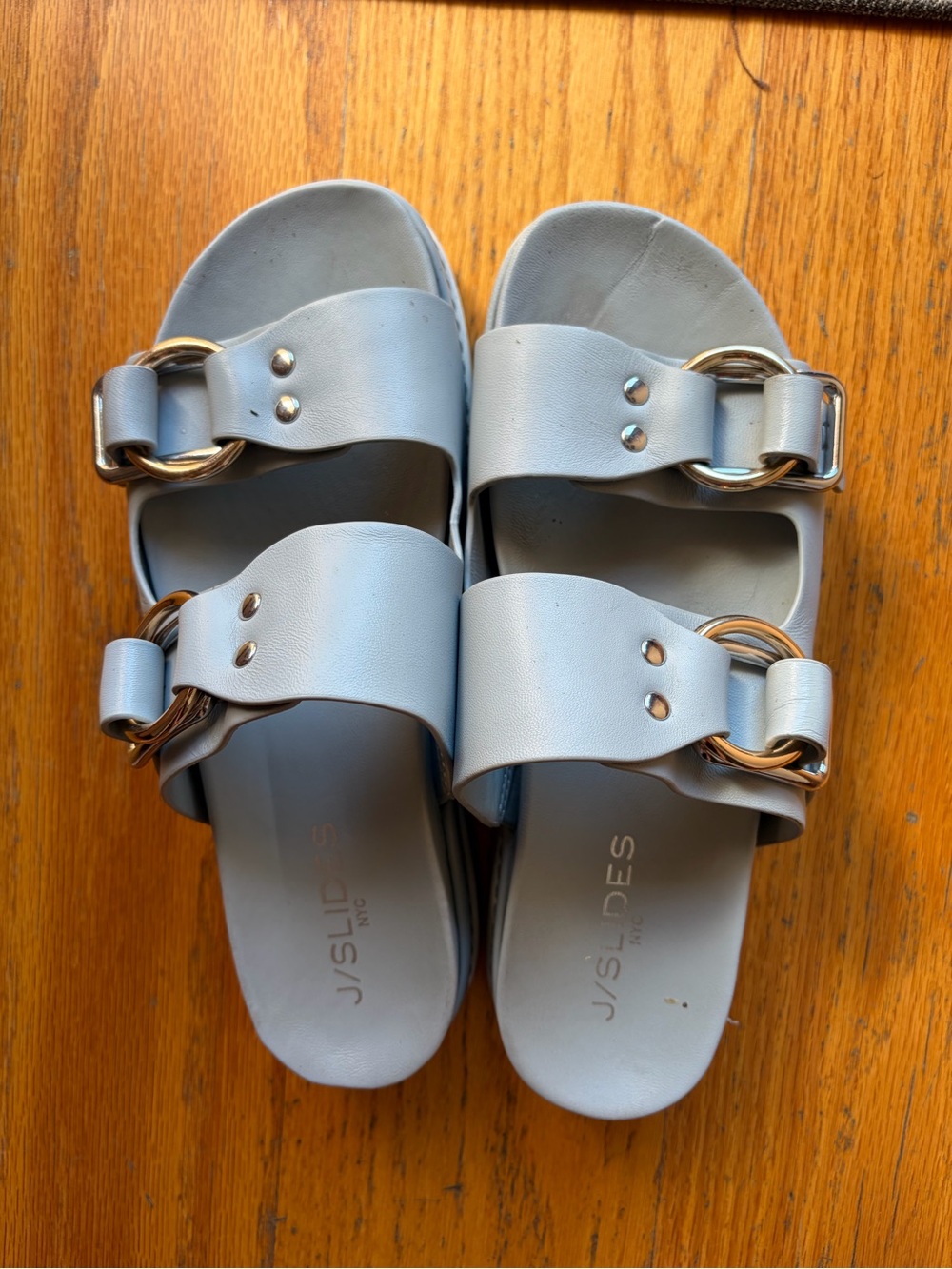 J/Slides Light Gray Double-Strap Slide Sandals with Gold Buckles